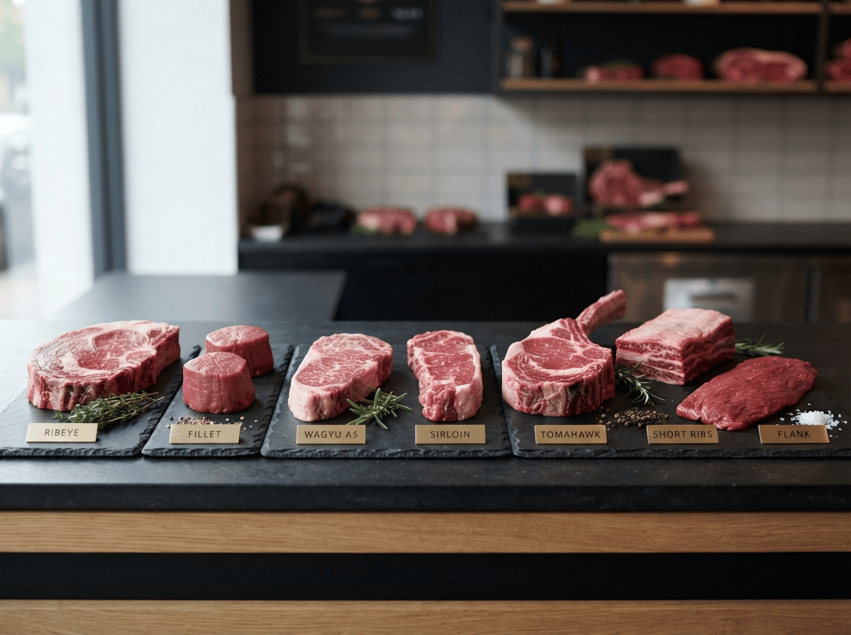 Tezgâhta sergilenen çeşitli çiğ et kesimleri